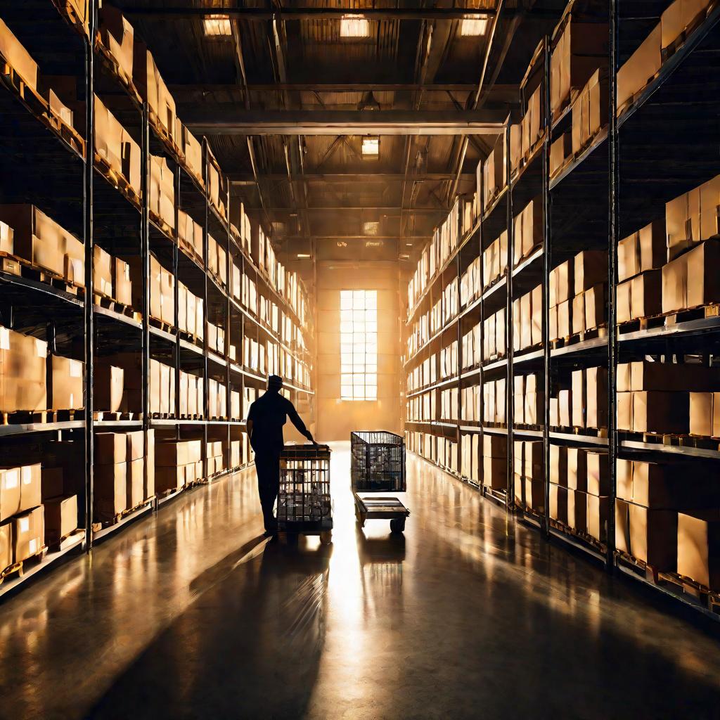 Работник склада толкает тележку