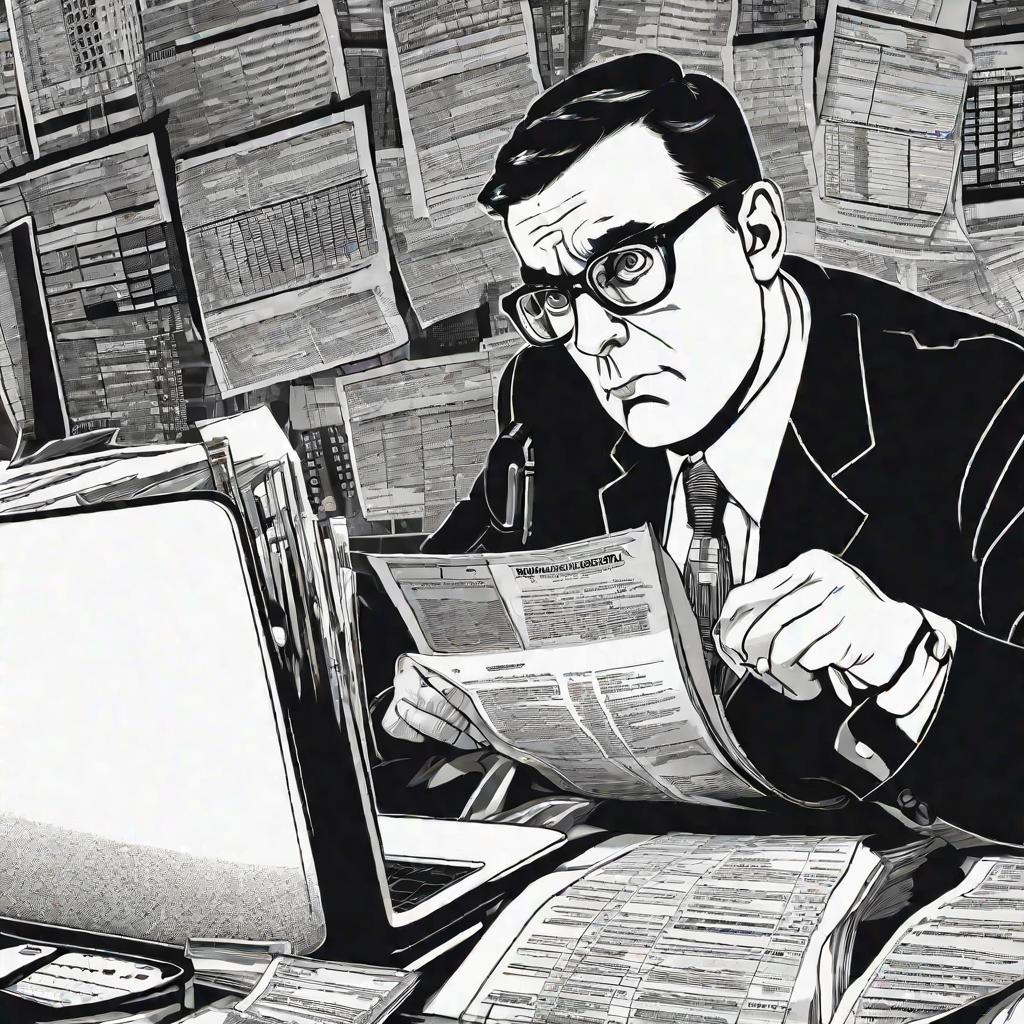 Драматичный черно-белый крупный портрет бухгалтера в очках, пристально смотрящего на экран ноутбука с таблицей, полной цифр, наклонившись вперед и сосредоточенно хмуря брови, сидя за офисным столом, заваленным бумагами и кружками с кофе.