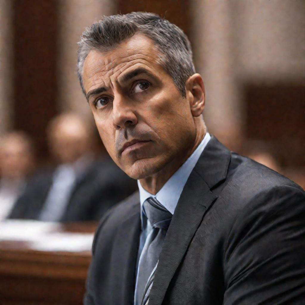 Крупный план портрета задумчивого мужчины средних лет в костюме, смотрящего в сторону от камеры на размытом фоне судебного зала, с нахмуренными бровями и серьезным выражением лица, обдумывающего сложный юридический вопрос, касающийся личного закона и юрис