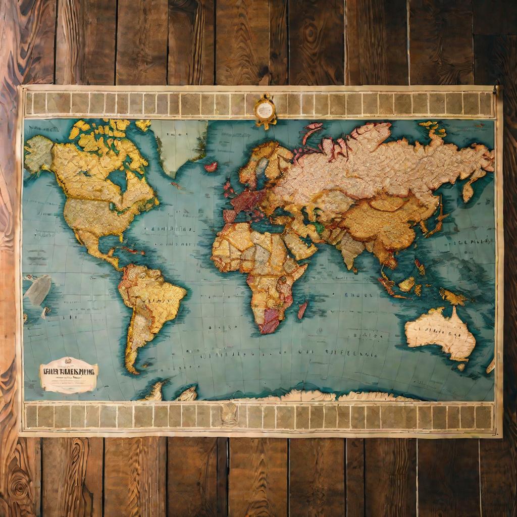 Вид сверху вниз на большую старинную карту мира, лежащую на деревянном столе, с разноцветными булавками, воткнутыми в разные страны и соединенными цветной ниткой, обозначающими гражданство, место жительства и юрисдикцию, связанные с личным законом.