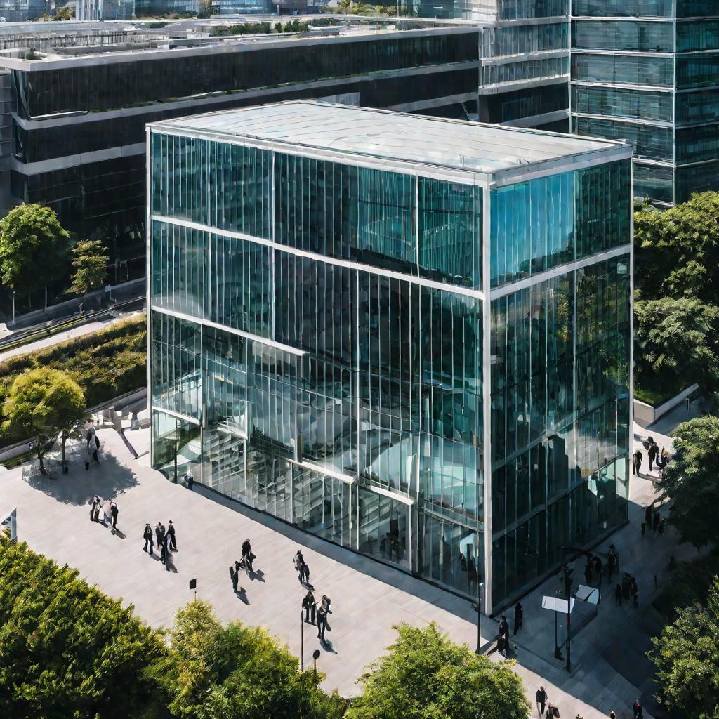 Солнечный день у офиса, люди в деловой одежде спешат на работу