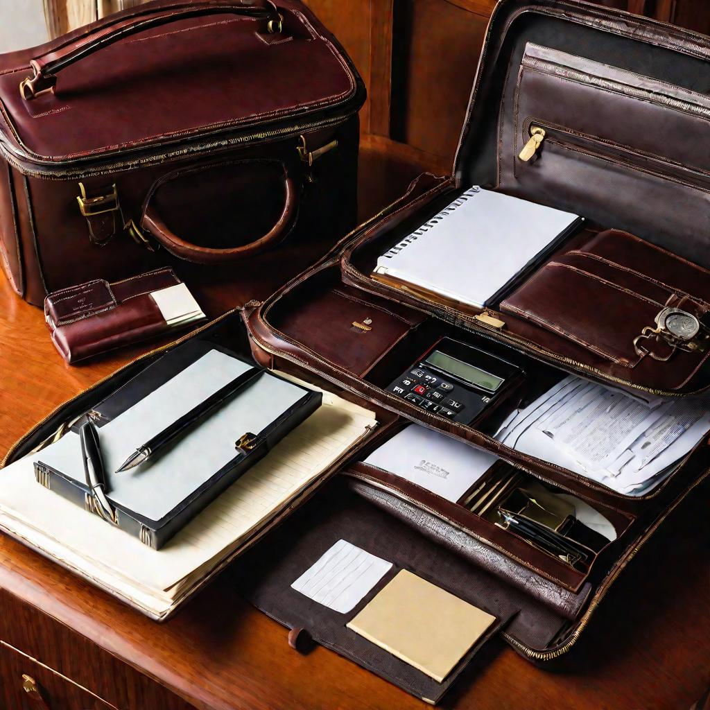 Крупный план открытого кожаного портфеля на столе с инструментами финансового аудитора для проверки нотариусов - документами, ручкой, блокнотом.