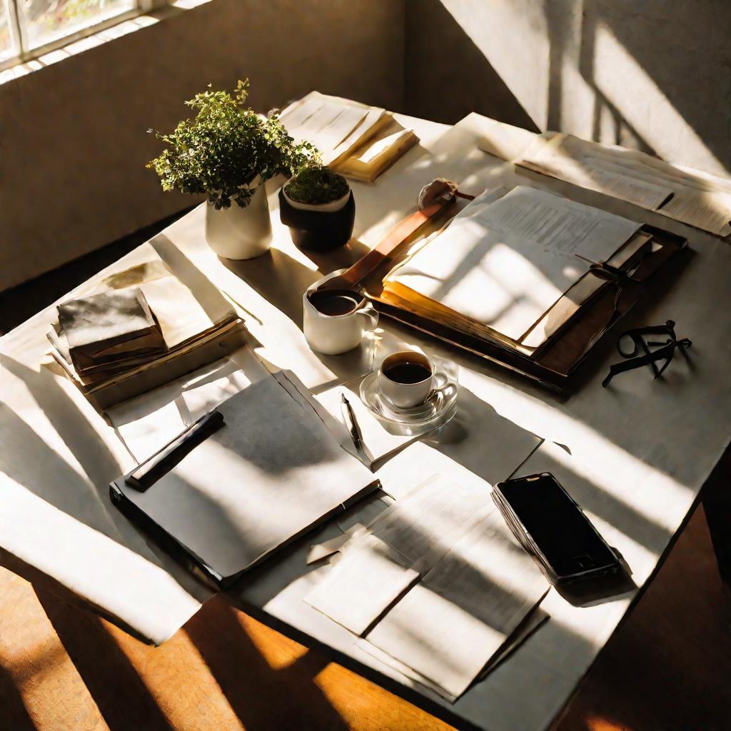 Вид сверху на стеклянный журнальный столик с документами, мобильным телефоном, блокнотом и ручкой. Лучи солнца из окна создают тени и фигуры на бумагах. Детальный кадр с мягким естественным освещением.