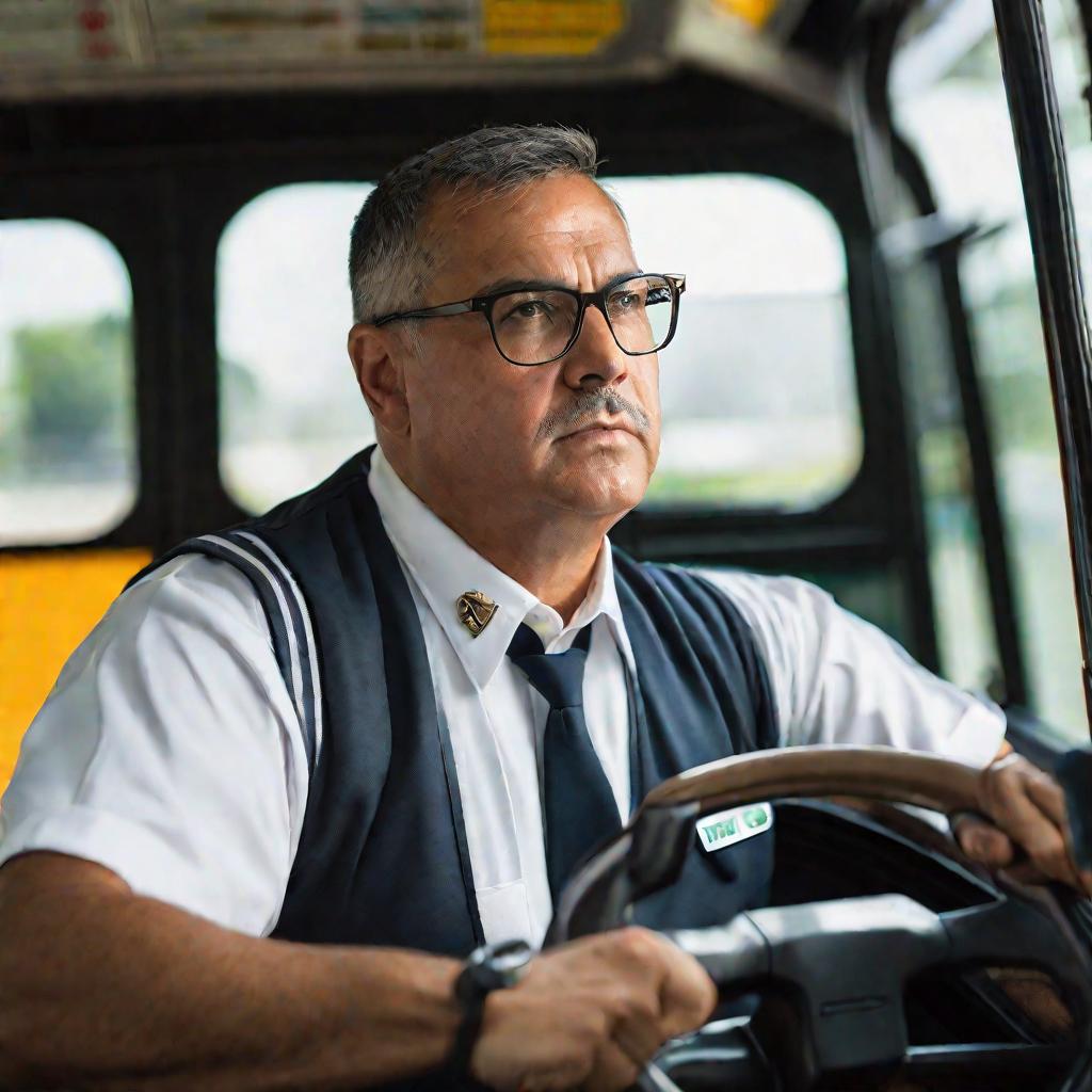 Крупный план портрет мужчины-водителя автобуса средних лет в форме, в очках, смотрящего в сторону от камеры с нейтральным выражением лица. Мягкий естественный свет из окна освещает его лицо и плечи. Он сидит в водительской части пустого общественного авто