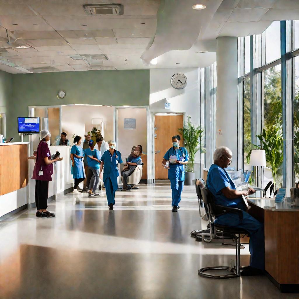 Внутренний снимок современной медицинской клиники во время оживленного утра. Естественный свет проникает через большие окна, освещая зал ожидания, заполненный разнообразными пациентами в повседневной одежде, читающими журналы или смотрящими на свои телефо