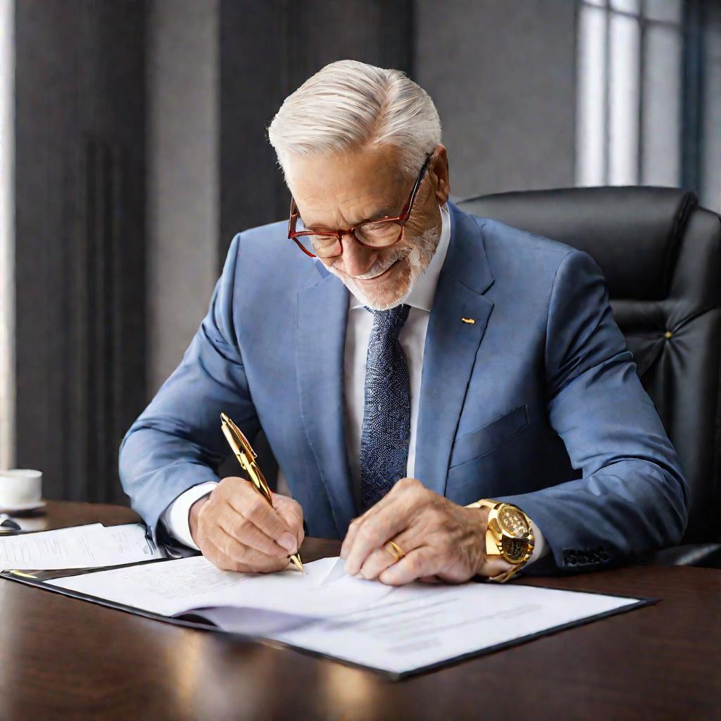 Крупный портрет улыбающегося пожилого бизнесмена в костюме, подписывающего важный контракт за столом в своем светлом и просторном офисе. Он использует дорогую золотую ручку, чтобы уверенно подписать бумажный документ с довольным сосредоточенным выражением