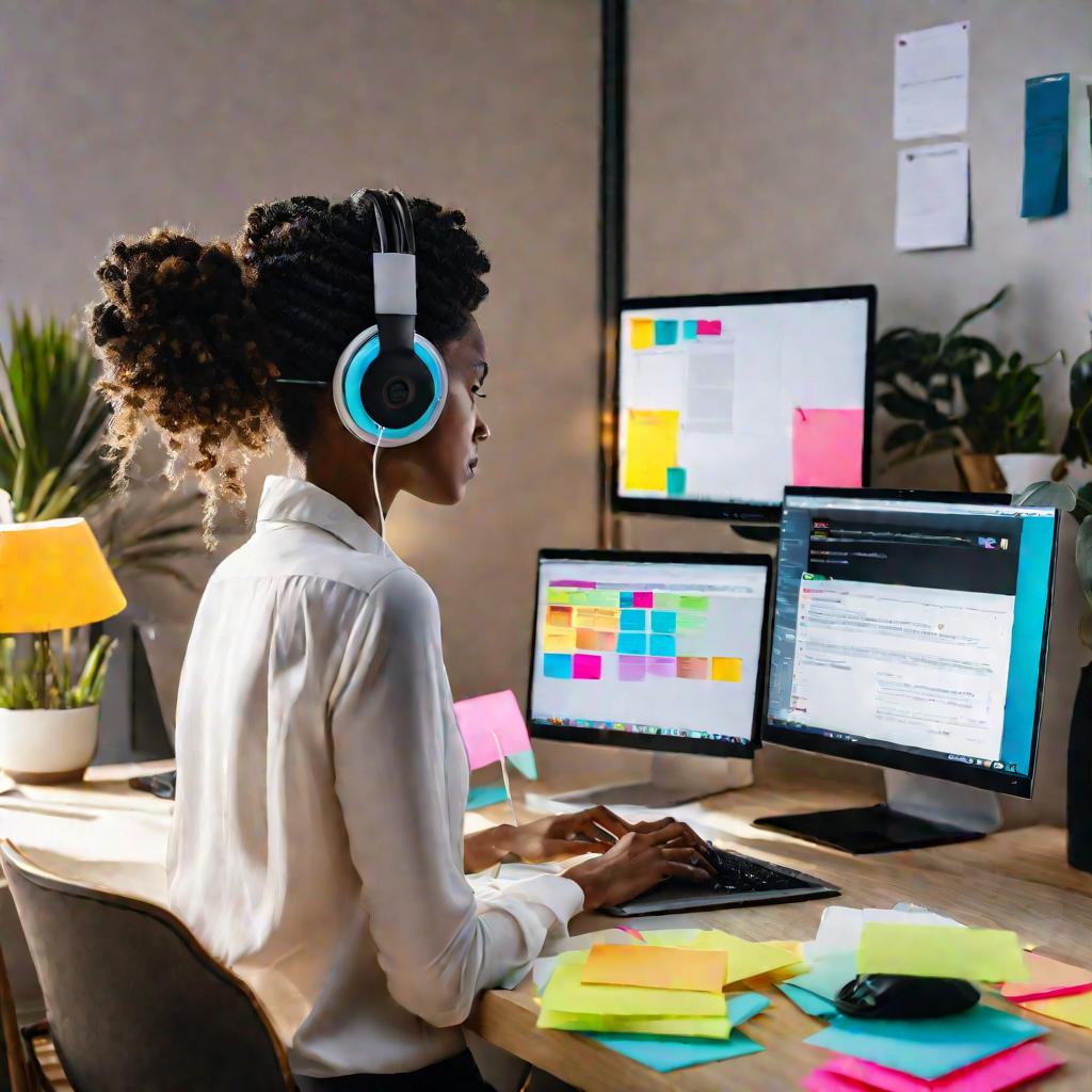 Женщина в офисе за ноутбуком, быстро печатает. Рядом разноцветные стикеры. Она регистрирует свою новую компанию онлайн.