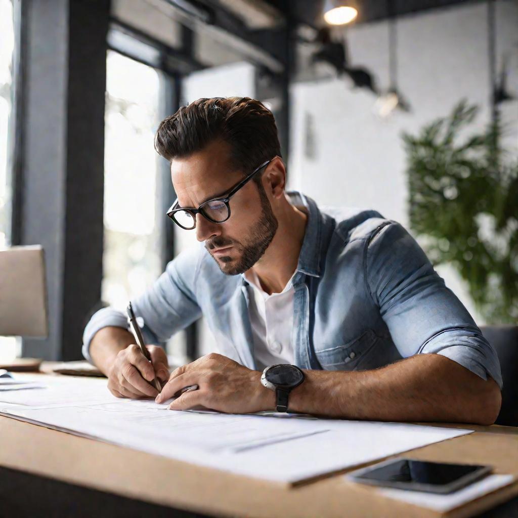 Крупный план портрета архитектора лет 35, работающего над чертежами за столом в современном минималистичном офисе.