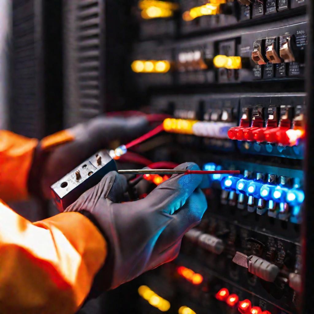 Руки электрика в защитных перчатках подключают провода в распределительном щитке