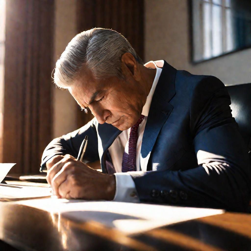 Портрет мужчины в костюме за столом подписывает документ