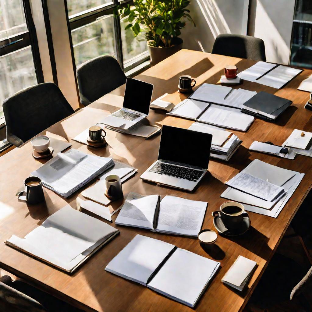 Стол переговоров, ноутбуки, бумаги, ручки, кружки, освещение
