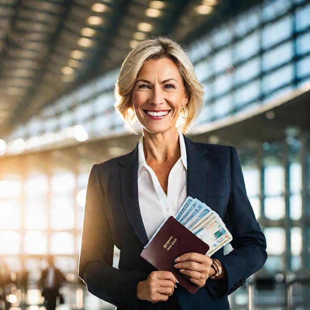 Портрет женщины в аэропорту с паспортом.