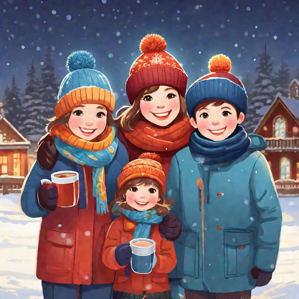 Счастливая семья в зимней одежде с кружками горячего шоколада