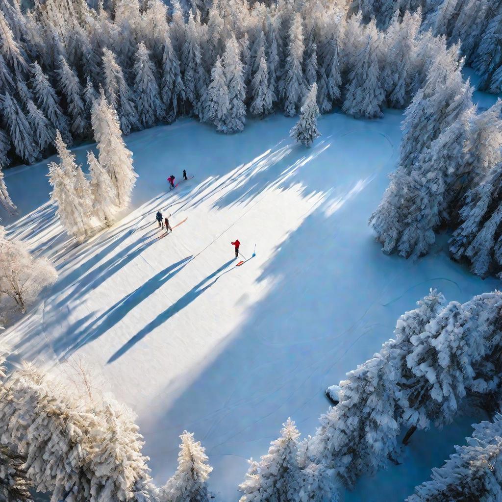 Замерзшее озеро зимним утром с катающимися на коньках людьми