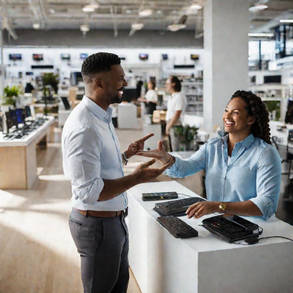 Консультант объясняет гарантию покупателю в магазине электроники