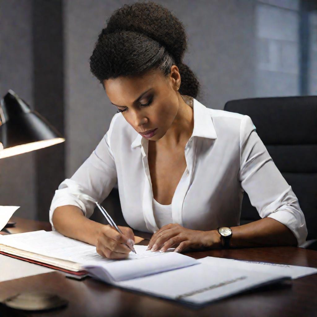 Портрет женщины-бухгалтера, проверяющей счета-фактуры