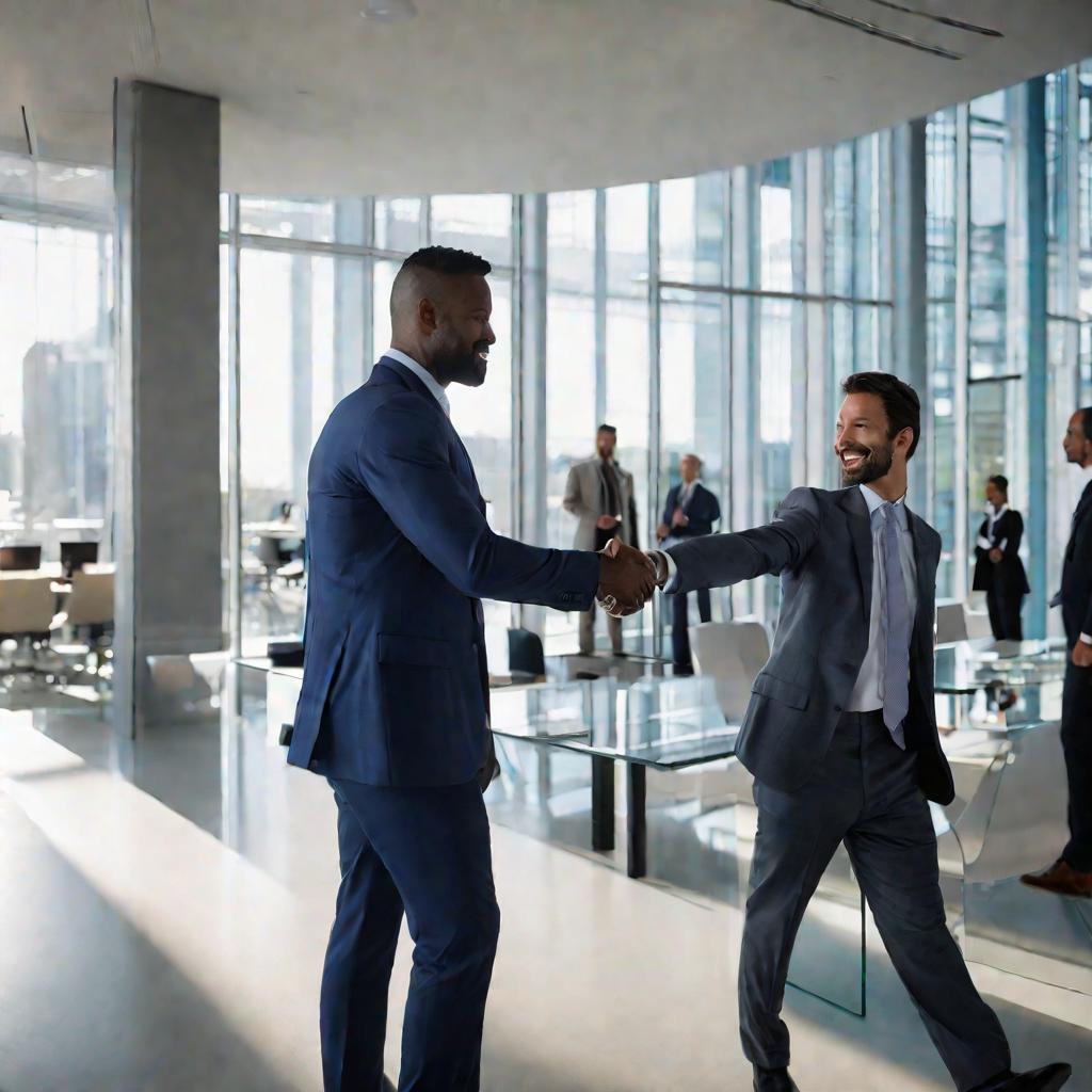 Широкий план светлого офиса. В фокусе мужчина в синем костюме обменивается документами и рукопожатием с мужчиной в сером костюме. В фоне размыто другие сотрудники в деловой одежде.