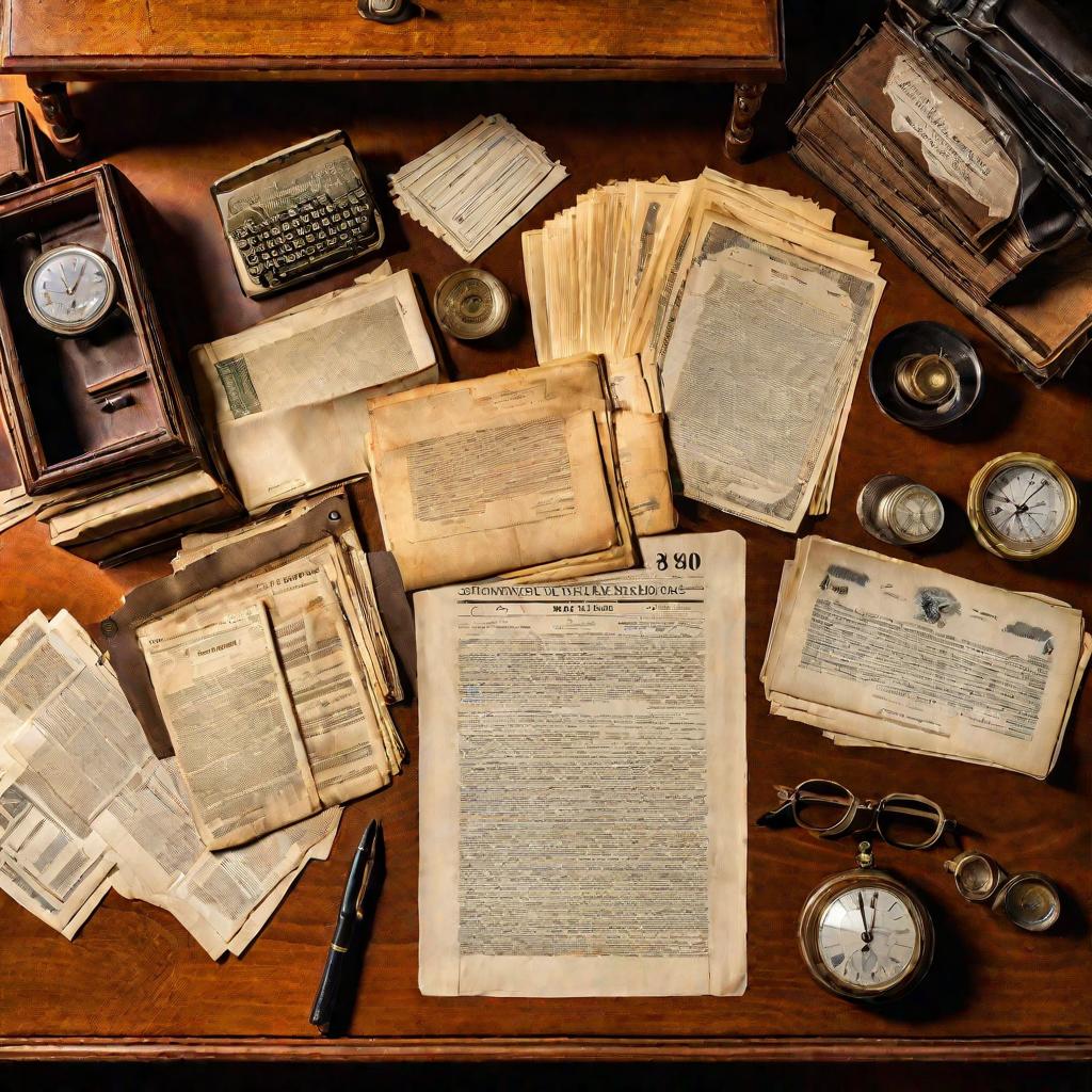 Яркий детальный вид сверху на рабочий стол с бумагами. В центре хорошо виден старый вексель.