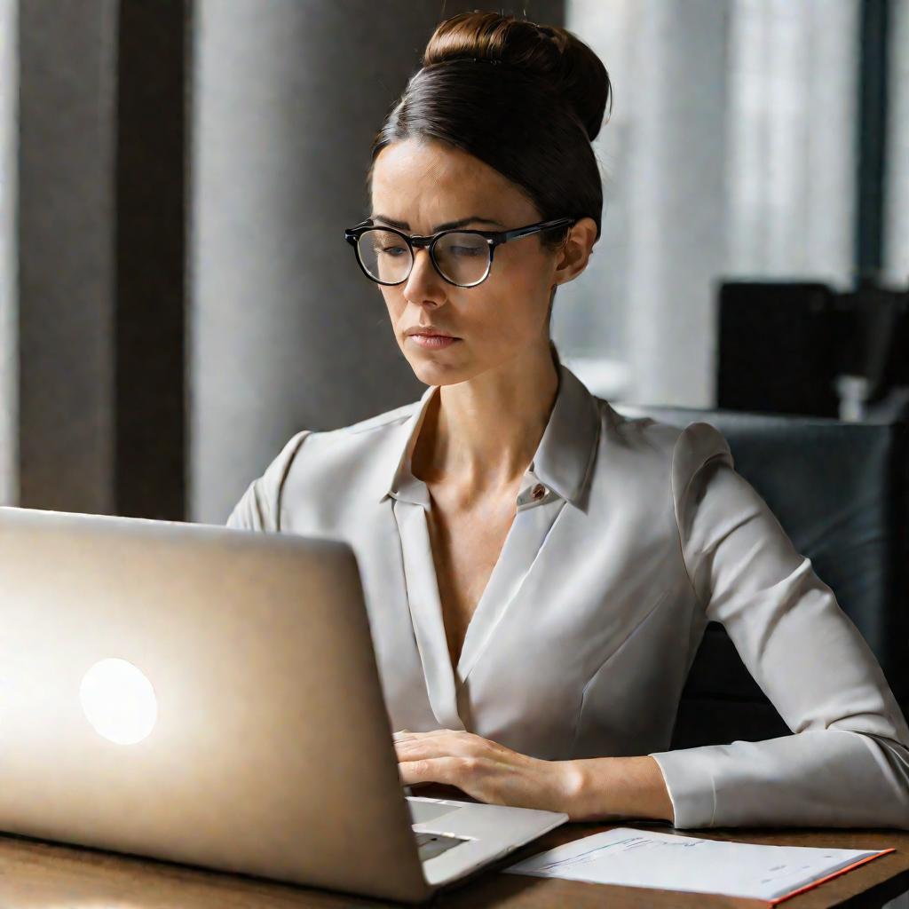 Портрет женщины в очках печатает служебную записку на ноутбуке