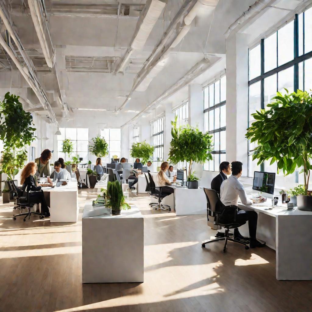 Вид внутри современного ярко освещенного офиса с длинными столами, компьютерами, офисными стульями и людьми в деловой одежде, работающими за ноутбуками. Через большие окна проникает солнечный свет. Белые стены, зеленые комнатные растения и мотивирующие пл
