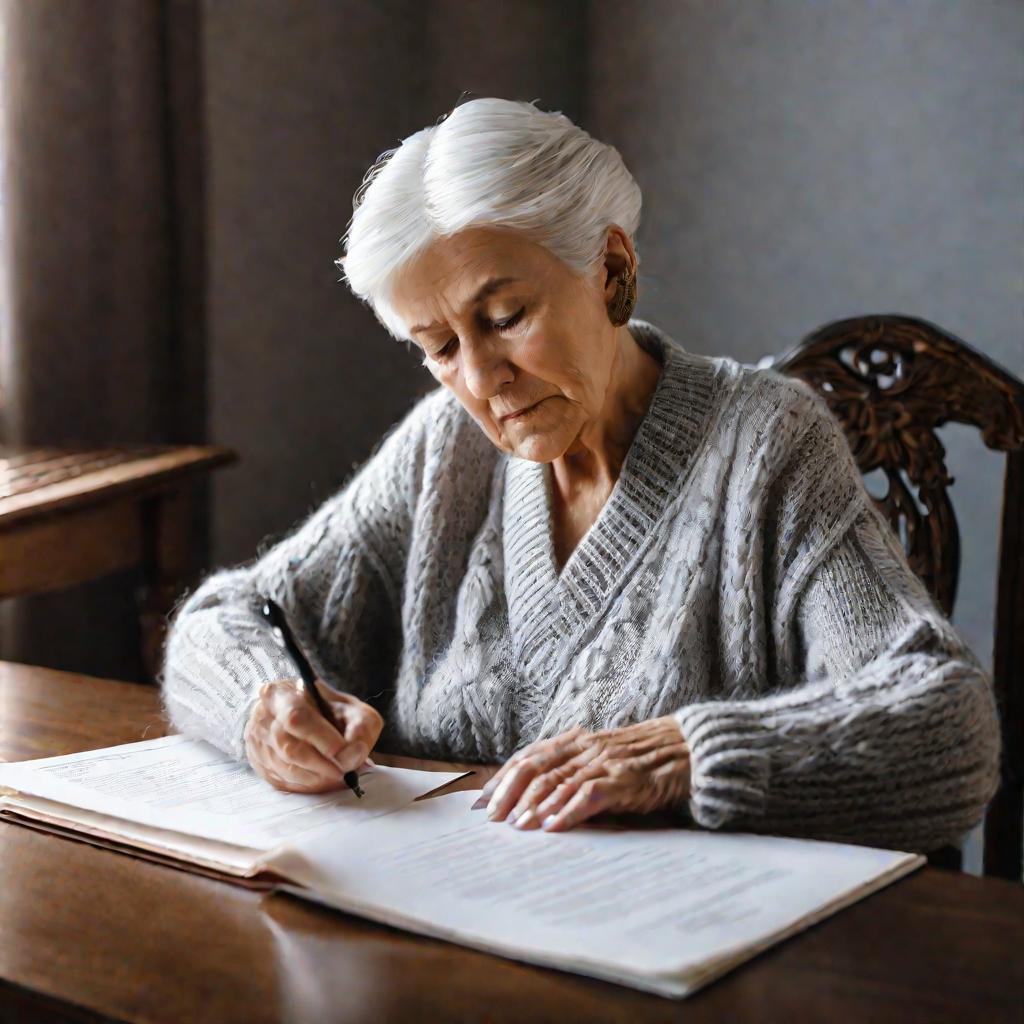 Пожилая женщина подписывает документы