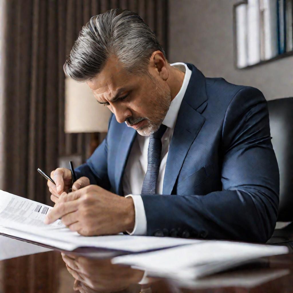 Крупным планом портрет серьезного сосредоточенного мужчины средних лет в костюме, который внимательно изучает официальный документ в руках. Он сидит за столом в светлом офисе.