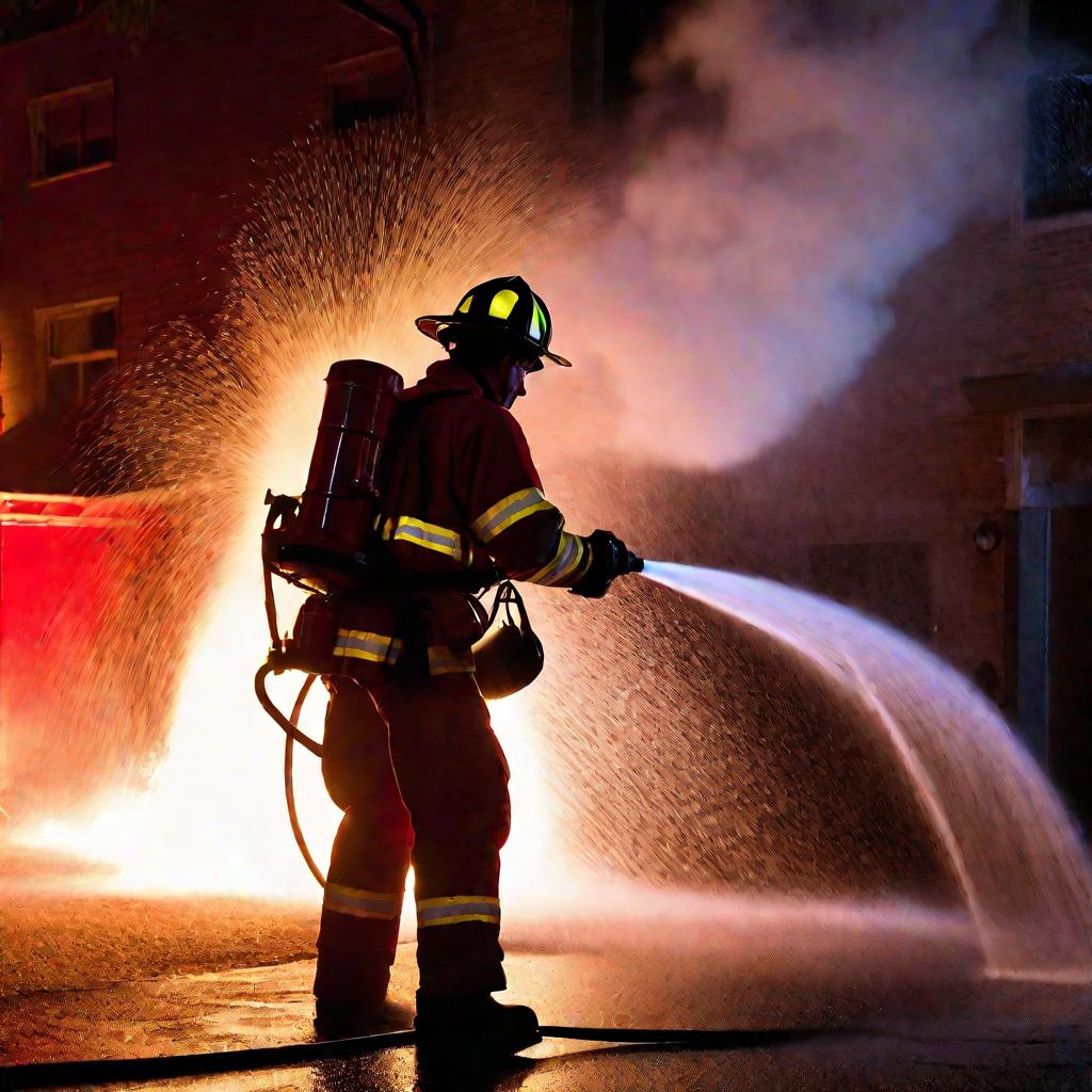 Пожарный тушит пожар при помощи пожарного крана