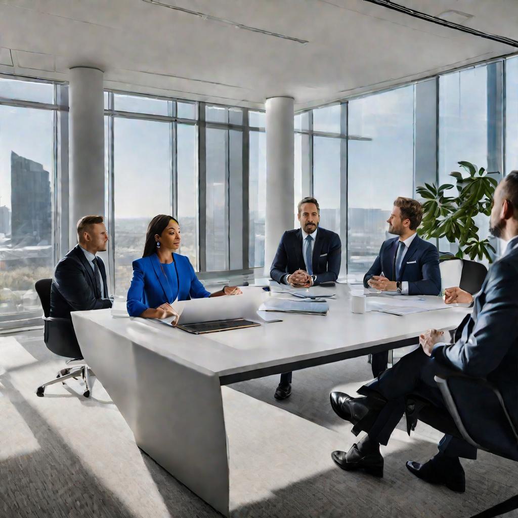 Широкий кадр современного белого и серого офиса с панорамными окнами во всю стену и столом для переговоров. За столом с одной стороны сидят два мужчины в костюмах, а напротив них женщина в синем брючном костюме, проводящие встречу. Женщина держит стопку б