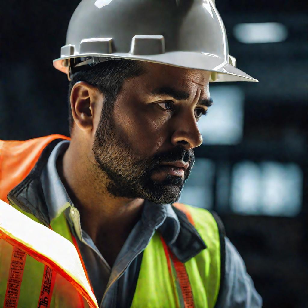 Портрет прораба, изучающего чертежи. В каске, перчатках и жилетке.