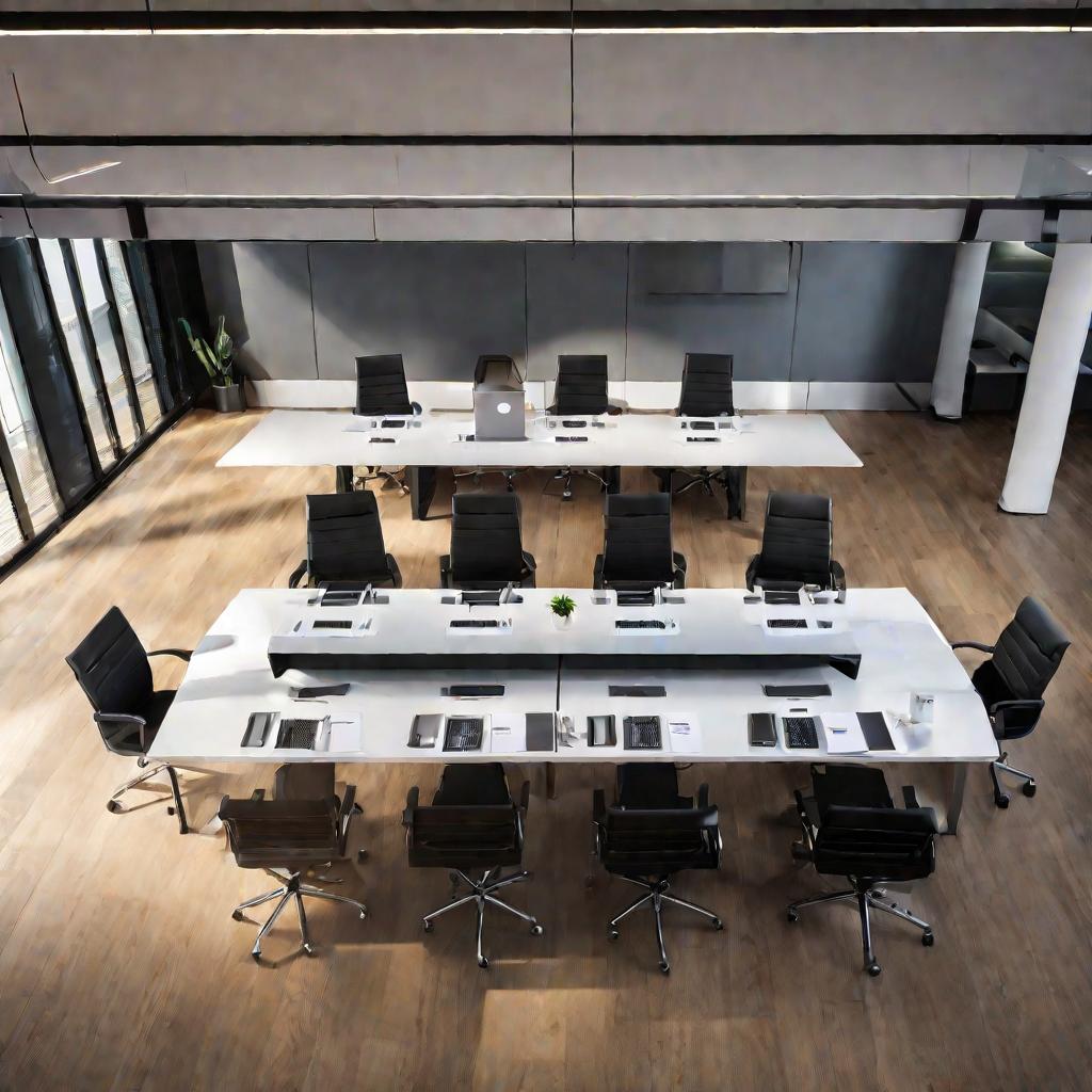 Вид сверху на конференц-зал. Менеджеры изучают документы.