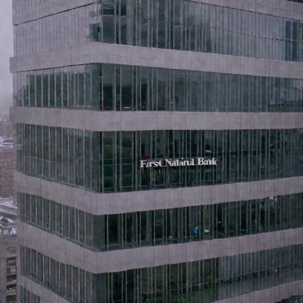 Вид сверху на башню современного офиса банка в облачный день