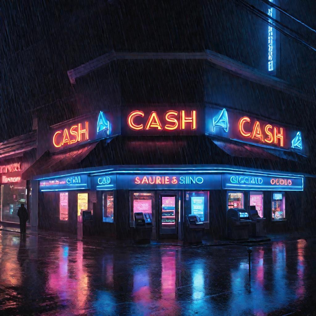 Ночная сцена с ярко светящейся кассой на фоне темного дождливого города