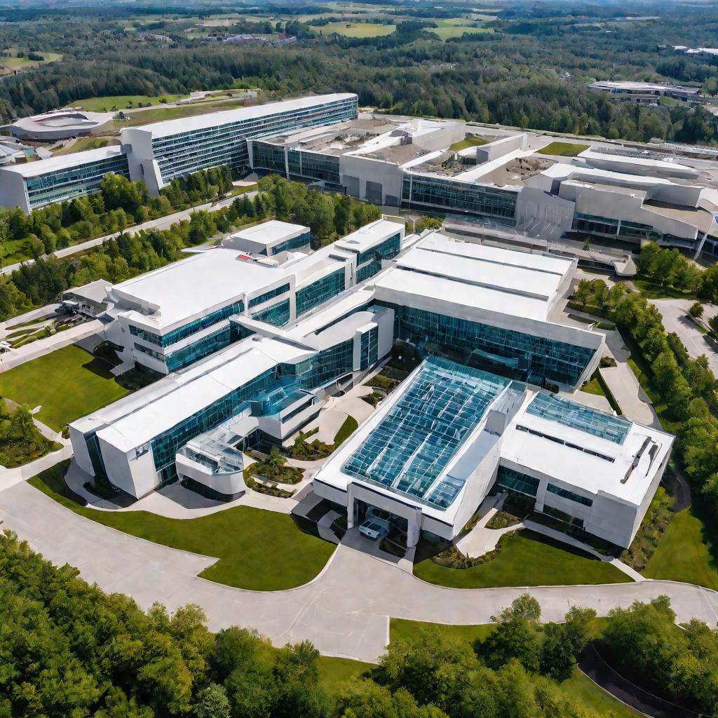 Вид сверху на современное здание больницы в солнечный день с припаркованной у входа скорой помощью