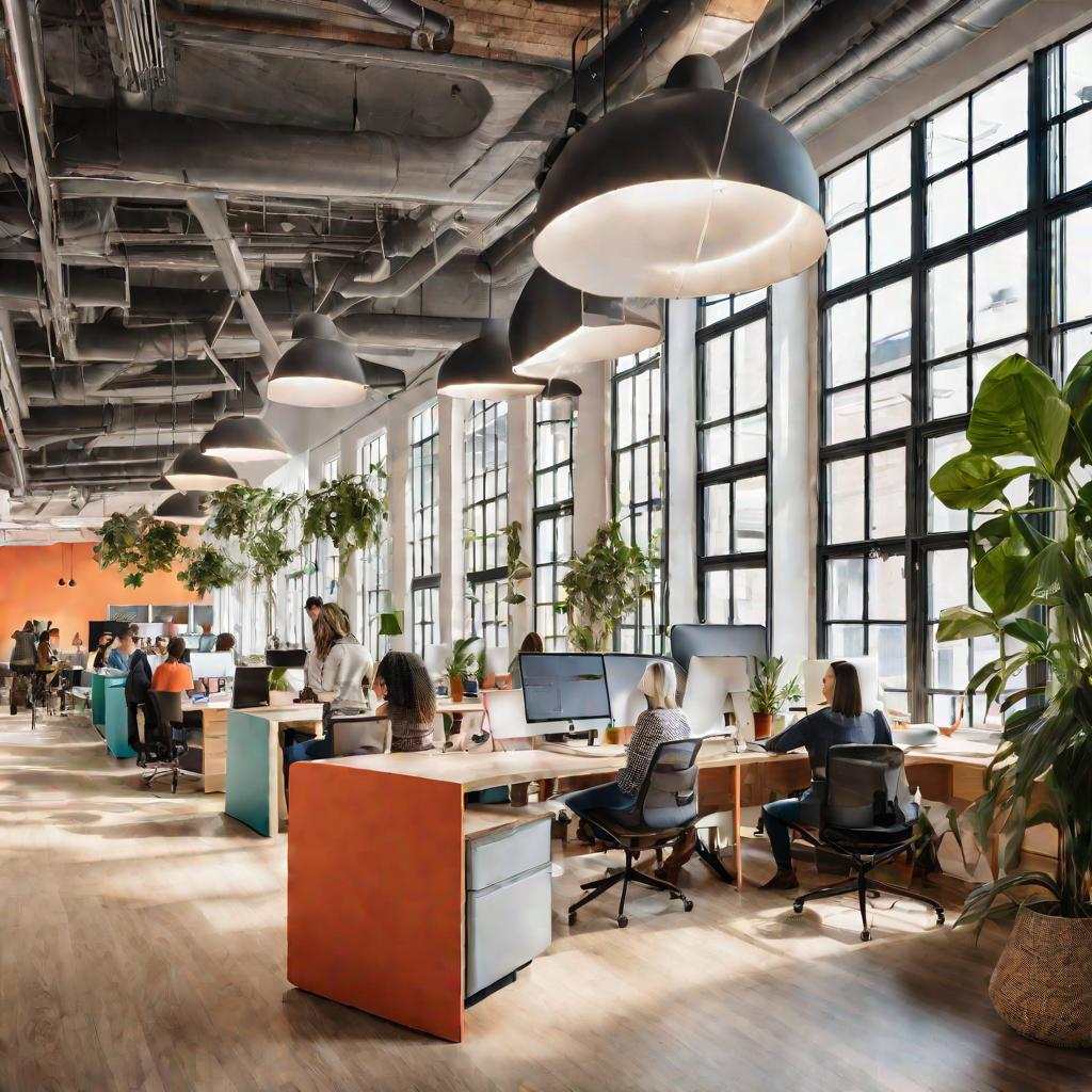Светлое просторное коворкинг-пространство с молодыми сотрудниками