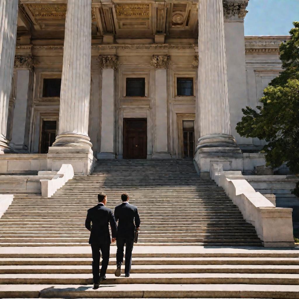 Вид сверху на двух мужчин в костюмах, спускающихся по ступеням суда