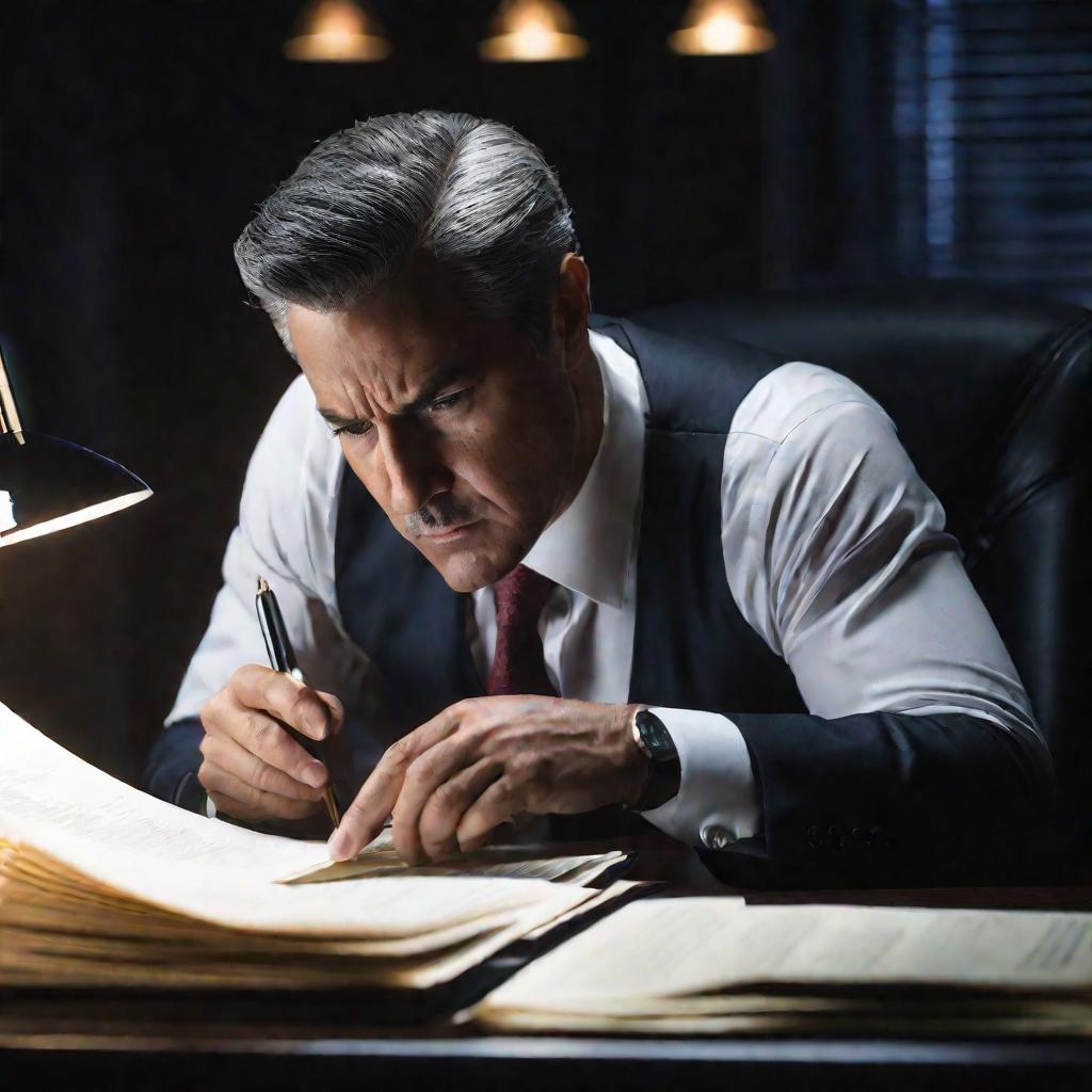 Портрет сосредоточенного адвоката, изучающего документы в офисе ночью