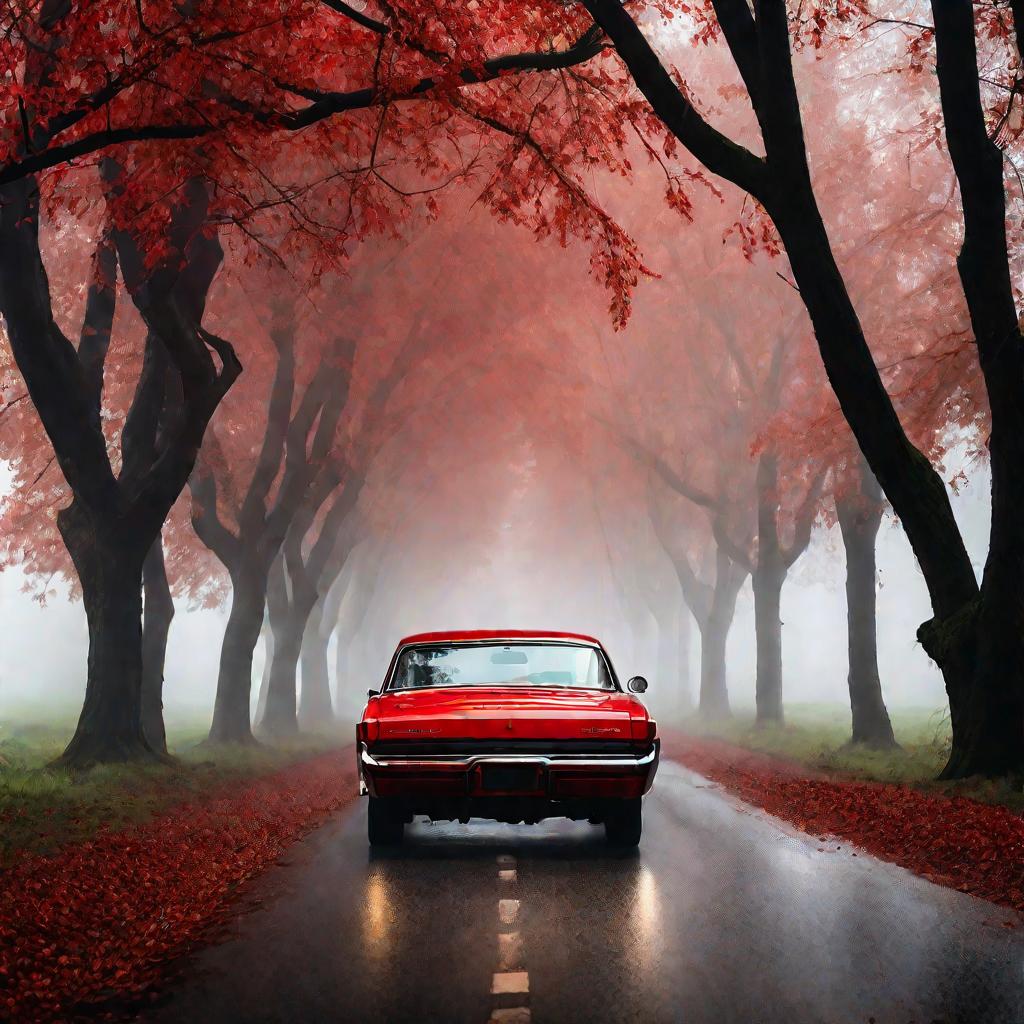 Красный автомобиль едет по туманной дороге - фокус на бензобаке