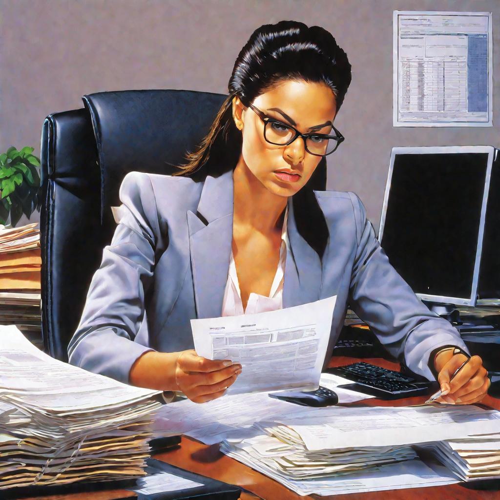 Портрет молодой женщины в костюме, изучающей финансовые документы в офисе