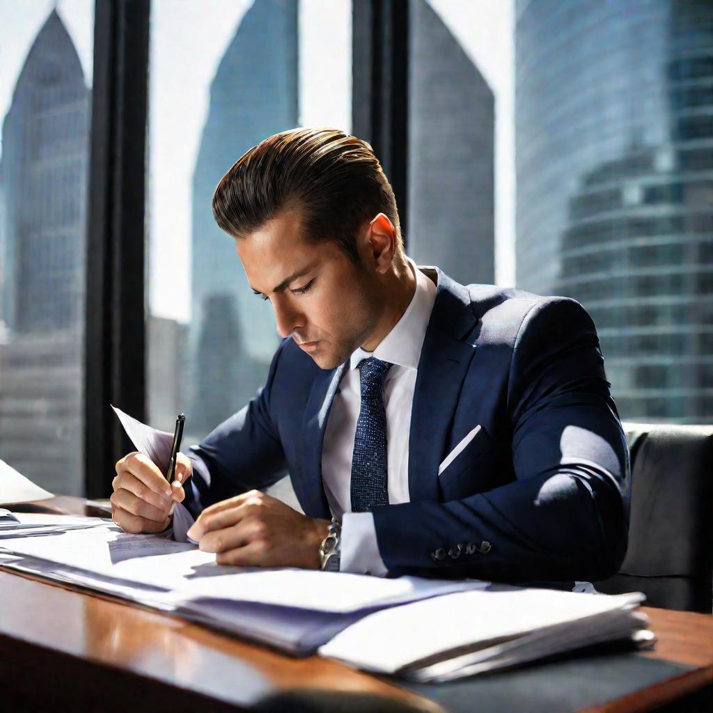 Портрет бизнесмена, подписывающего документы