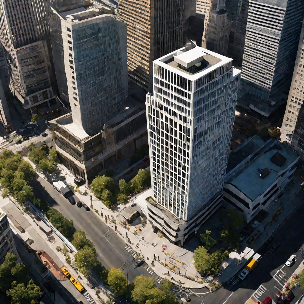 Вид сверху на современное высотное офисное здание и оживленный деловой центр города в солнечный день. В угловом офисе на верхнем этаже силуэт человека стоит у окна, держа бумаги и размышляя об увольнении.