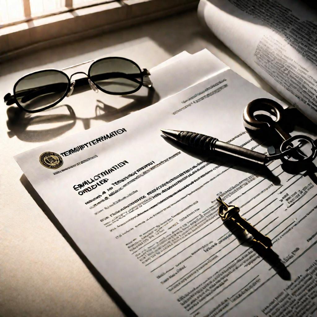 Приказ об увольнении, напечатанный на бланке компании, лежит на рабочем столе, подсвеченный мягким светом из окна. Заголовок бланка и ключевые детали текста резко сфокусированы. Настроение драматичное, но обыденное, подчеркивающее важность этого документа