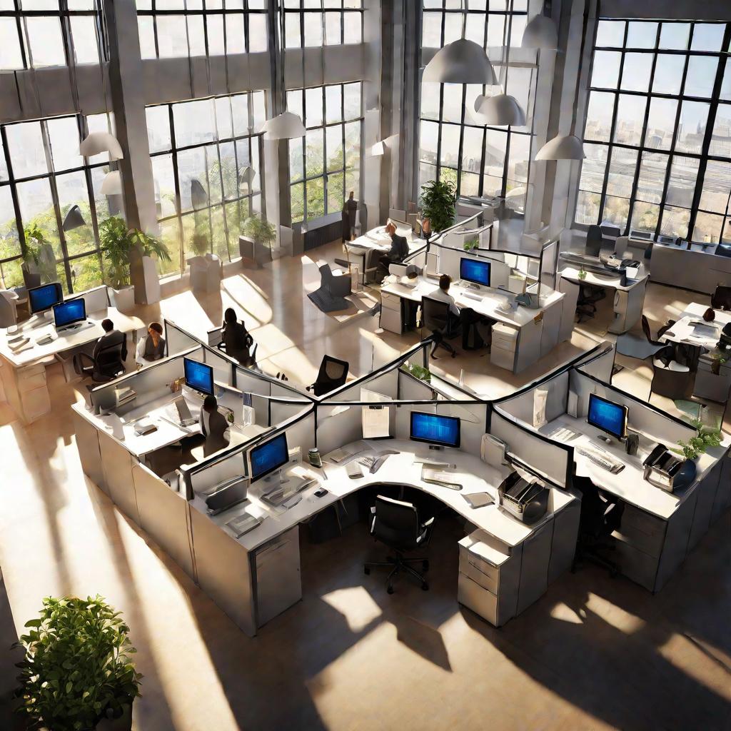Вид сверху на офис бухгалтерии с сотрудниками за компьютерами