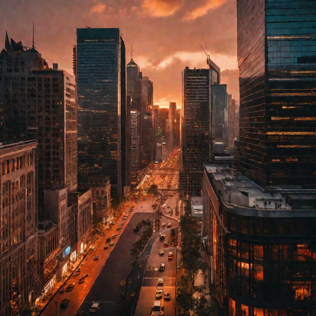 Панорама делового квартала на закате