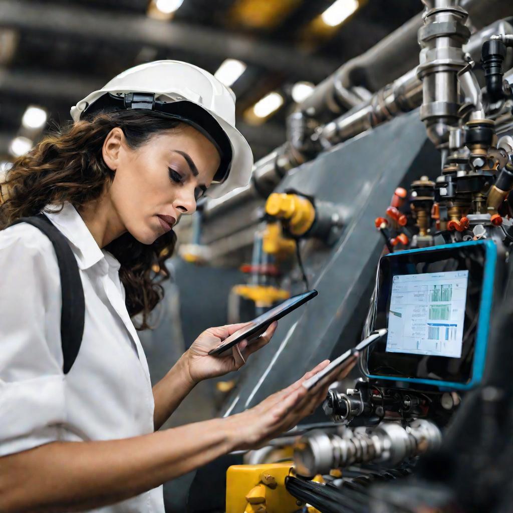 Крупный портрет женщины в защитной каске, пользующейся планшетом рядом с большой машиной, покрытой трубами и измерительными приборами. Она хмурится, сосредоточенно проверяя показания приборов во время испытания оборудования.