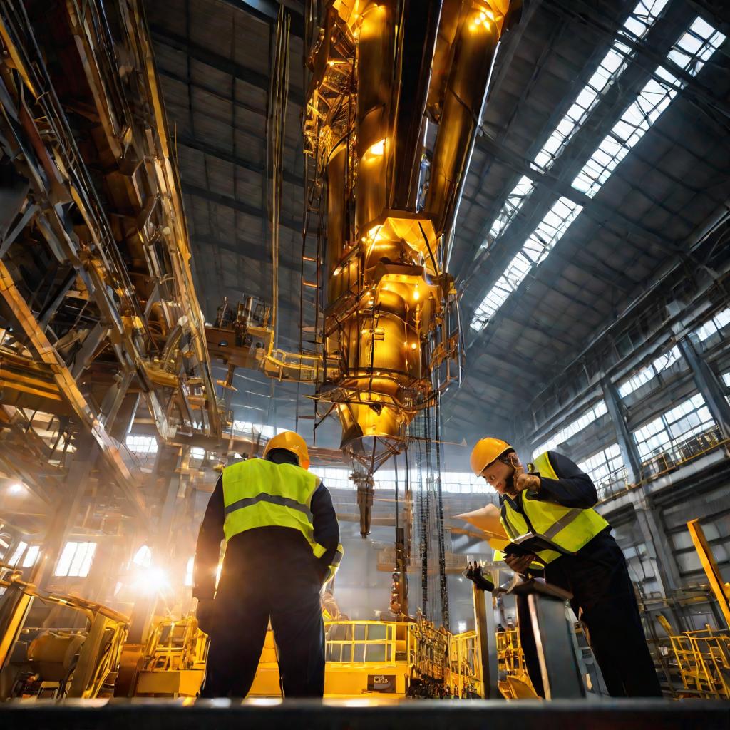 Вид снизу с заводского пола, глядя вверх на драматически освещенную высокую машину со сверкающими металлическими деталями. Два техника в ярких сигнальных жилетах видны настраивающими оборудование во время процесса калибровки.