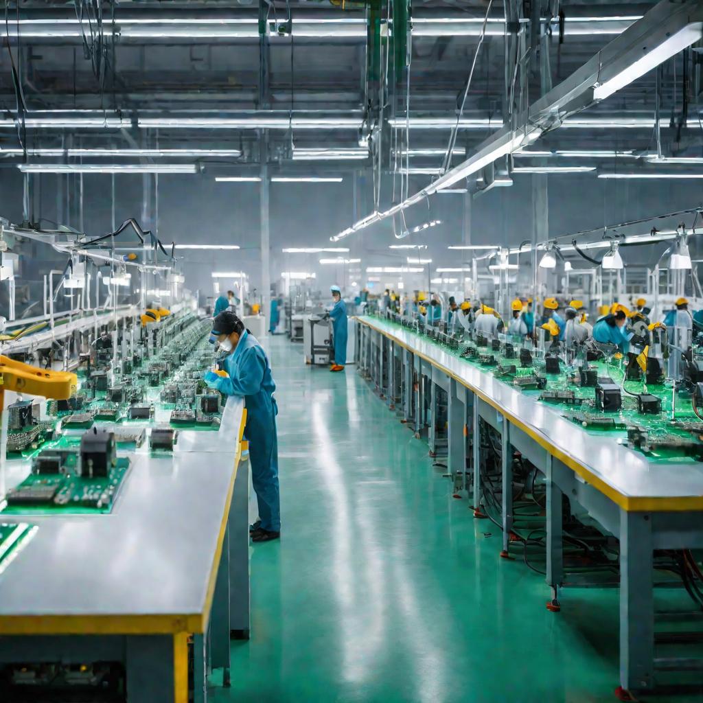 Производственная линия на заводе, на которой сборка схем замаскирована мягким туманом