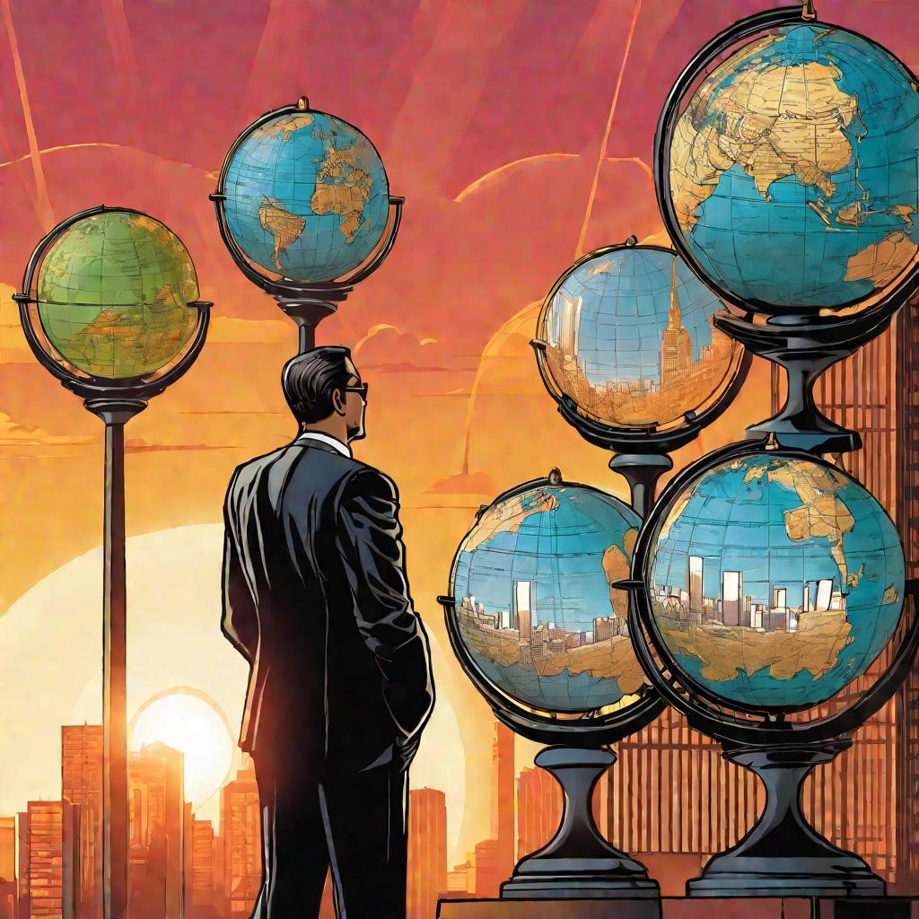 Размышляющий бизнесмен у здания в сумерки сравнивает глобусы и штампы на таможенных декларациях