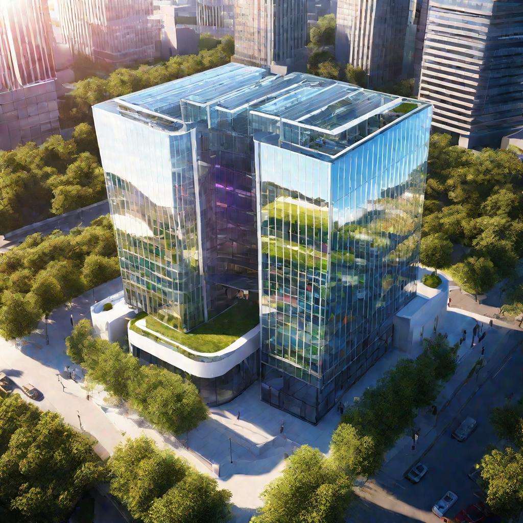 Солнечный день, офисное здание из стекла, вид сверху, широкий обзор
