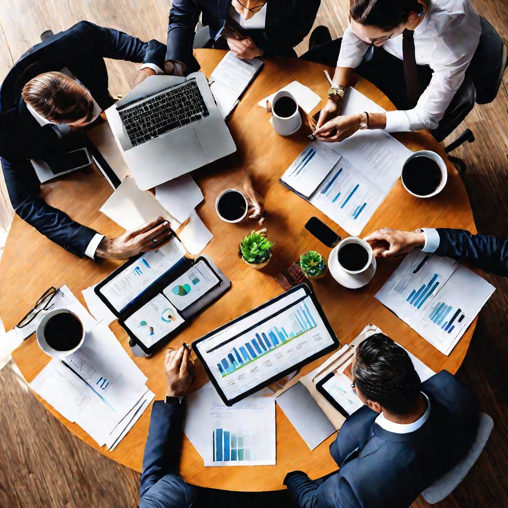 Стол переговоров, разбросаны бумаги, ноутбуки, кружки