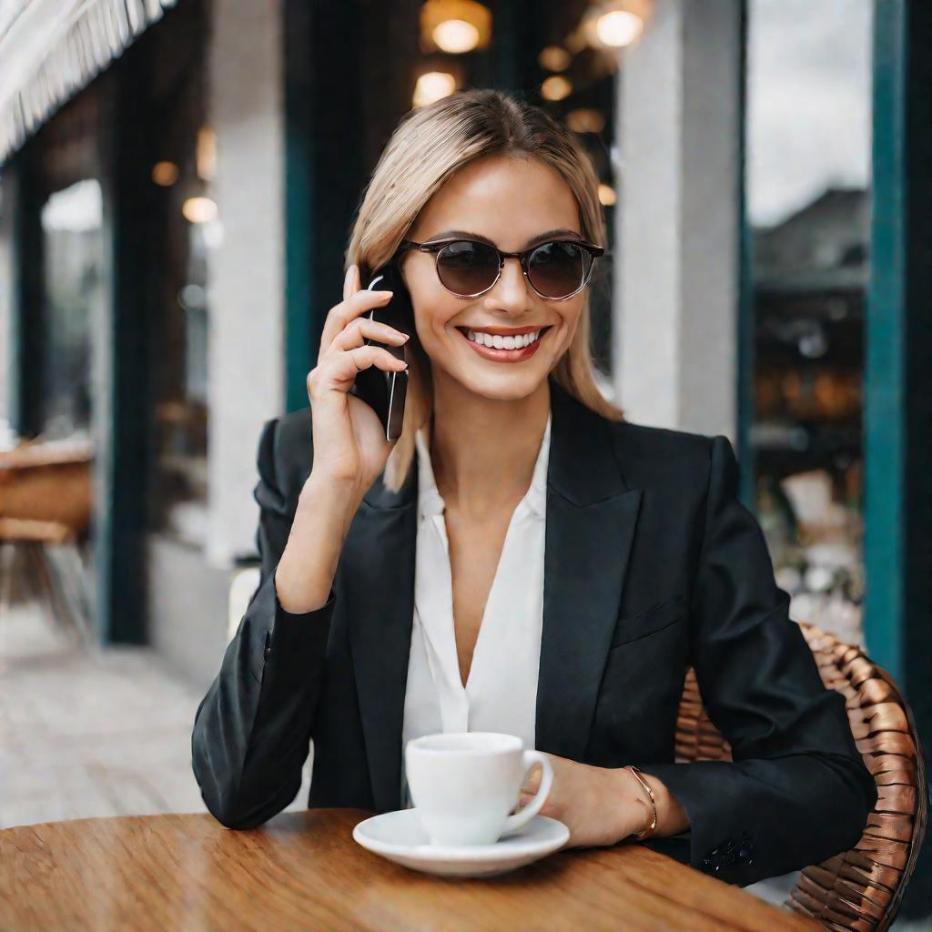 Портрет улыбающейся женщины в стильном деловом костюме, разговаривающей по мобильному телефону и пьющей кофе за столиком кафе в пасмурное утро